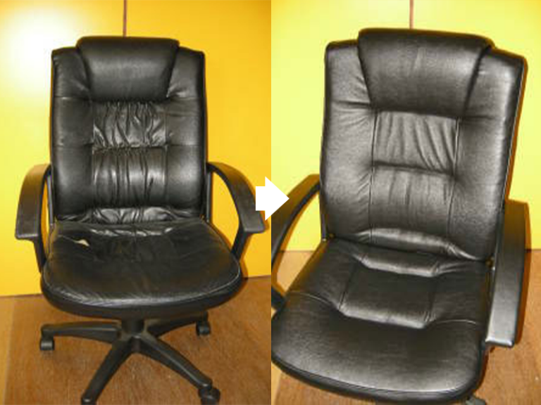 右が張替え後、合成皮革ですが質感は本皮と変わりません。